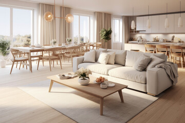 Fototapeta premium Modern and stylish Scandinavian living room with dining room with large windows that provide warmth. Living room with furniture and decoration. 