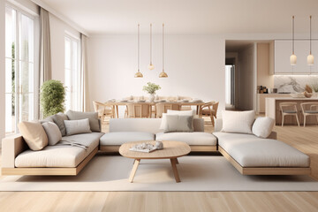 Fototapeta na wymiar Modern and stylish Scandinavian living room with dining room with large windows that provide warmth. Living room with furniture and decoration. 
