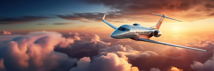 Papier Peint photo autocollant Avion Luxury private jet flying above the clouds, beautiful sunset on background. Travel and airplane concept. Generative AI