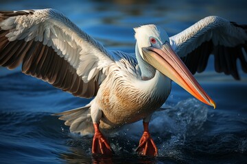Fototapeta na wymiar Pelican in mid-flight, wings fully extended, Generative AI