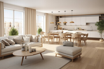 Modern and stylish Scandinavian living room with dining room with large windows that provide warmth. Living room with furniture and decoration. 