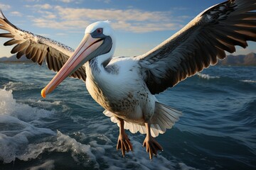 Fototapeta na wymiar Pelican in mid-flight, wings fully extended, Generative AI