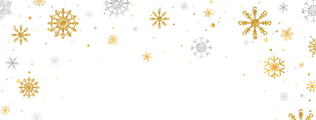 Gold and silver glitter snowflakes frame. Golden snowflake background with different ornament. Luxury Christmas garland. Winter ornament. Happy Holiday card. Celebration banner. Vector illustration