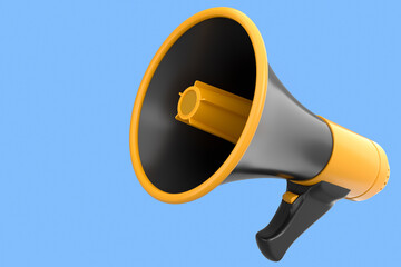 Megaphone for advertisement or hiring isolated on blue background.