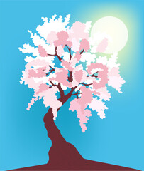 Cherry Blossoms Landscape Illustration, backgrounds for design, abstract illustration plain sky and sun background.