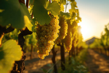 Vineyard at sunset. Rows of grapevines awaiting harvest. Generative AI