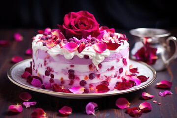 A romantic homemade pink cake adorned with rose petals. Generative AI