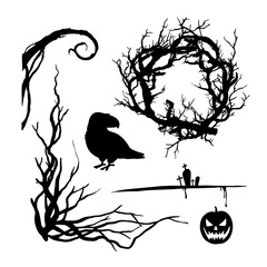 Vector set of Halloween party invitations. Collection of halloween silhouettes