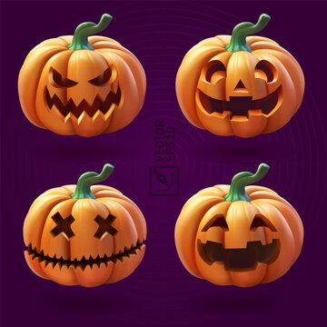 Halloween pumpkins with scary face on violet background, 3d realistic set