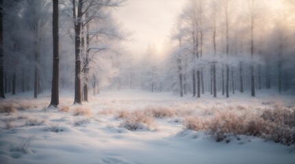 Fototapeta na wymiar Blurry image of a winter forest, small snowdrifts and light snowfall - a beautiful winter-themed background wide format.