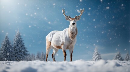 Christmas background with white decorative deer in snow on blue sky background in snowfall. Banner format, copy space.
