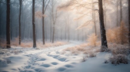 Obraz na płótnie Canvas Blurry image of a winter forest, small snowdrifts and light snowfall - a beautiful winter-themed background wide format.