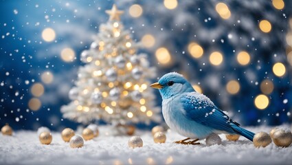 White Christmas tree decorated with silver golden Christmas balls and beautiful blue bird good luck on sparkling and fabulous fairy blue evening sky with falling snow with beautiful bokeh, copy space.