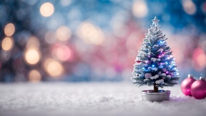 Winter christmas scenic background. Silvery small Christmas tree on a blurred snowy defocused background in blue and pink tones with copy space.