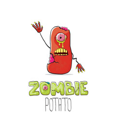 vector funny cartoon red zombie hipster potato character with hair isolated on white background. My name is zombie potato vector concept halloween background. monster vegetable funky character