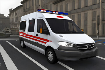 An Ambulance Van on the city streets driving to the hospital to deliver a sick patient 3D render style
