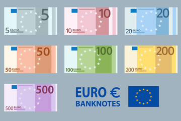 Stacksof Banknotes in denominations of 5,10, 20, 50 , 100, 200 and 500 euros on a white background. European Union paper money five, ten, twenty, fifty, one hundred, two hundred, five hundred euros. - obrazy, fototapety, plakaty