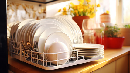 a stack of clean washed dishes in the kitchen indoor. - obrazy, fototapety, plakaty