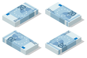 Fototapeta premium Isometric Banknotes in denominations of 20 euros on a white background. European Union paper money twenty euros.