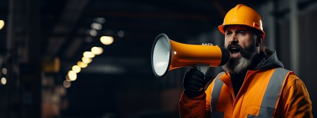 An engineer shouts into a megaphone with copy space. - obrazy, fototapety, plakaty
