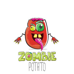 vector funny cartoon red zombie hipster potato character with hair isolated on white background. My name is zombie potato vector concept halloween background. monster vegetable funky character