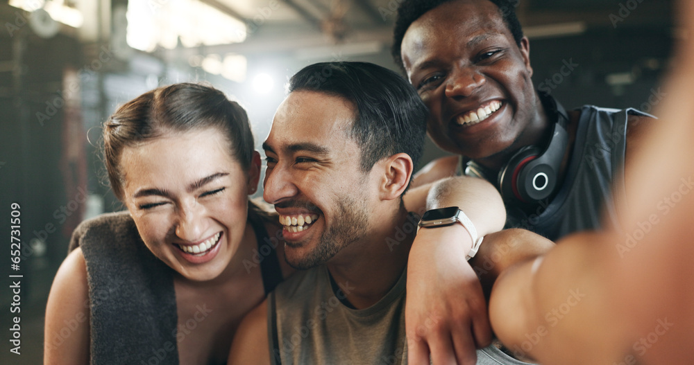 Poster Selfie, funny face and fitness with friends at gym for social media, workout and health. Support, profile picture and wellness with people and training for teamwork, photography and exercise together