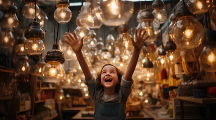 Fototapeta na wymiar A happy girl is a child in a lama and light shop experiencing emotional joy from bright lights.