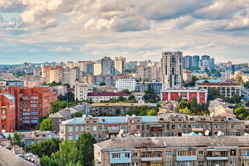 Fototapeta na wymiar Kharkiv, Ukraine 2023. Aerial view of downtown residential buildings.