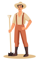 A male farmer stands holding a shovel, smiling. Flat vector illustration. Vector illustration
