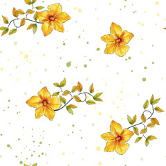 Watercolor floral autumn seamless pattern. Yellow bright flowers on a white background