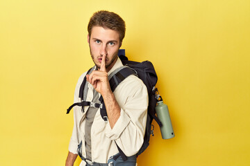 Fototapeta premium Traveler with mountain gear and yoga mat keeping a secret or asking for silence.