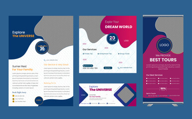 Bundle Editable Travel flyer ,facebook cover ,media post,roll up banners design for travel agency poster bundle or leaflet suitable for holiday vacation tourism pamphlet print ready brochure design.