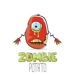 vector funny cartoon red zombie hipster potato character with hair isolated on white background. My name is zombie potato vector concept halloween background. monster vegetable funky character