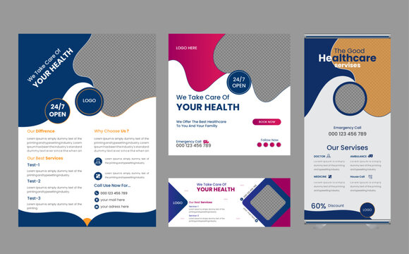 Medical flyer ,facebook cover ,media post,roll up banners design . Modern banner design with 4 color ribbon decoration and place for the photo. Suitable for social media, websites, flyers, and banners