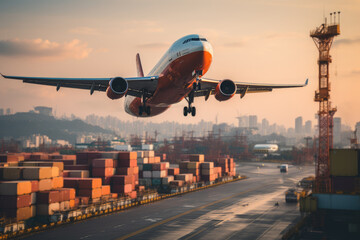 Plane flying over container port in a big city. Transportation and logistics concept - obrazy, fototapety, plakaty