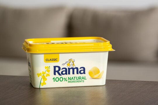Rama Classic 100% Natural butter margarine in typical yellow box in kitchen