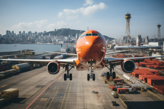 Airplane Flying Over Container Port In A Big City. Transportation And Logistics Concept