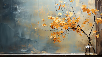 oil painting large brush strokes yellow autumn branches with leaves autumn background.