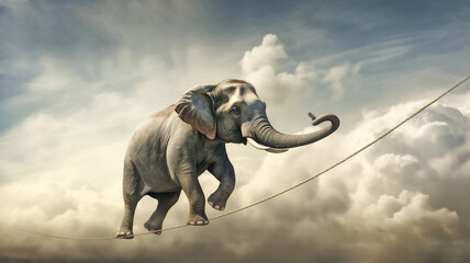 elephant walking on rope high in sky, idea of achieving balance and stability even in challenging or precarious situations