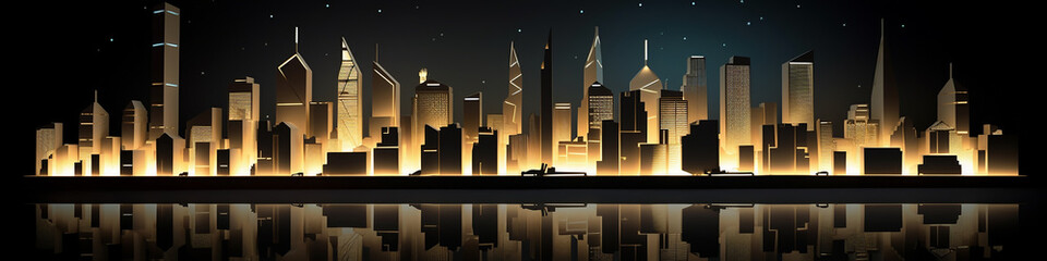 multicolored night in the city drawing flat cityline background narrow panoramic view.