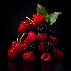 Red fruits, food photography, sleek black background, dark palette photography, 100mm.