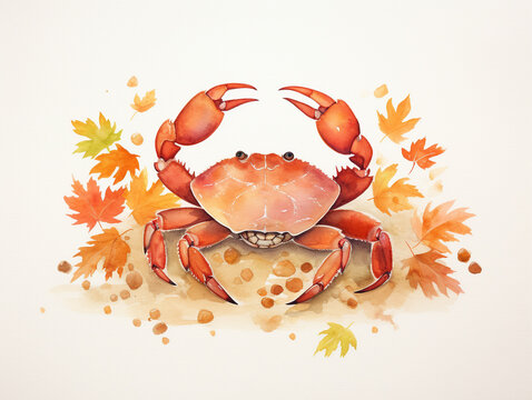 A Minimal Watercolor of a Crab in an Autumn Setting