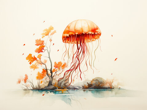 A Minimal Watercolor of a Jellyfish in an Autumn Setting
