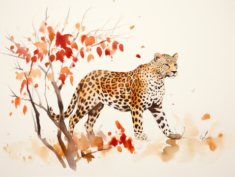 A Minimal Watercolor of a Leopard in an Autumn Setting