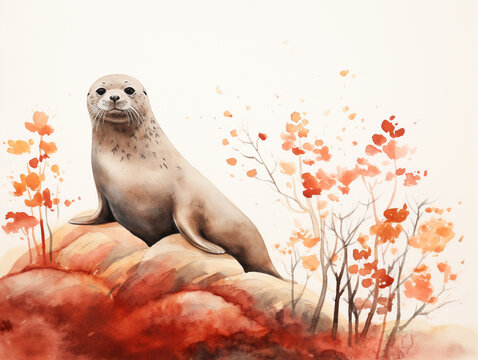 A Minimal Watercolor of a Seal in an Autumn Setting