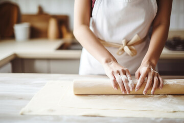 Female hands roll out dough with a rolling pin.