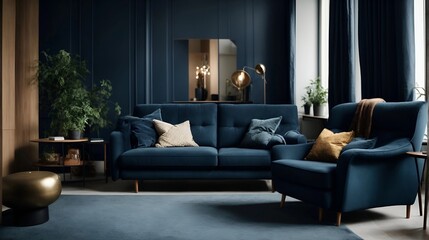 Dark blue sofa and recliner chair in scandinavian apartment. Interior design of modern living room.