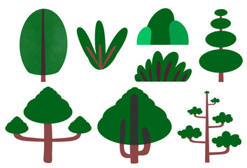 Various hand drawn green and brown Trees. Various textures. Different abstract shapes. Trendy Vector Illustration. Cartoon style. All elements are isolated