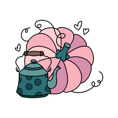 Autumn pumpkin and vintage teapot cute hand drawn illustration. Adorable kawaii composition. Vector cartoon flat clipart for seasonal greeting cards, prints, stickers, packaging.