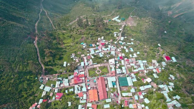 Aerial drone shot from the clouds revealing the picturesque village of Tapay in the Colca Valley. Breathtaking high-altitude perspective capturing the charm of this Andean village